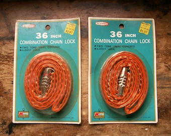 Vintage Orange All-Pro 36 Inch Combination Chain Locks - Retro Bike Lock With Vinyl Covered Chain in Original Packaging - Two Available