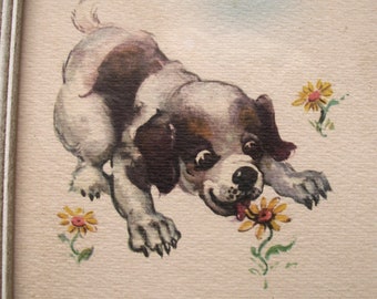 Vintage Framed Puppy Dog with Flowers Print - Great Kids Room Decor