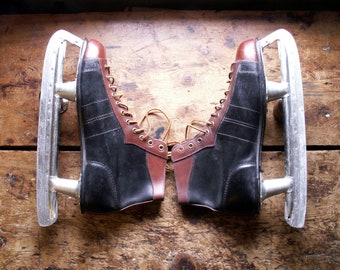 Vintage Mens Two Tone Black and Brown Leather Ice Skates - Size 10 - Winter Mudroom Decor