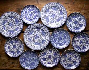 Set of Vintage Blue and White Japanese Transferware Teacups, Saucers and Small Plates - Nippon Phoenix Bird Pattern