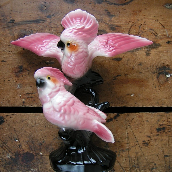 Vintage Pink and Black Porcelain Cockatiel Statue