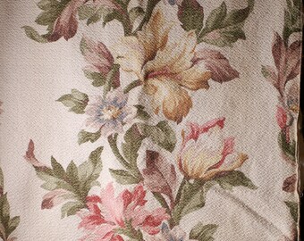 Vintage Barkcloth Fabric Curtain - Cream Background with Pink, Blue, Purple and Yellow Flowers