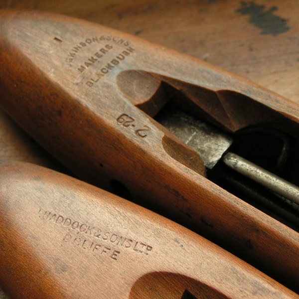 Pair of Vintage Wood Loom Shuttles with Brass ends