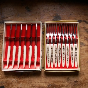 Vintage Set of Tiny Appetizer Forks and Knives - Retro Silverware with Mid-Century Style