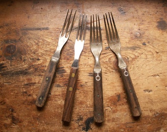 Set of Four Antique Wood Handled Forks - Primitive Kitchen Decor