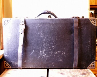Vintage Black Hardboard Suitcase with Leather Straps and Brass Corners