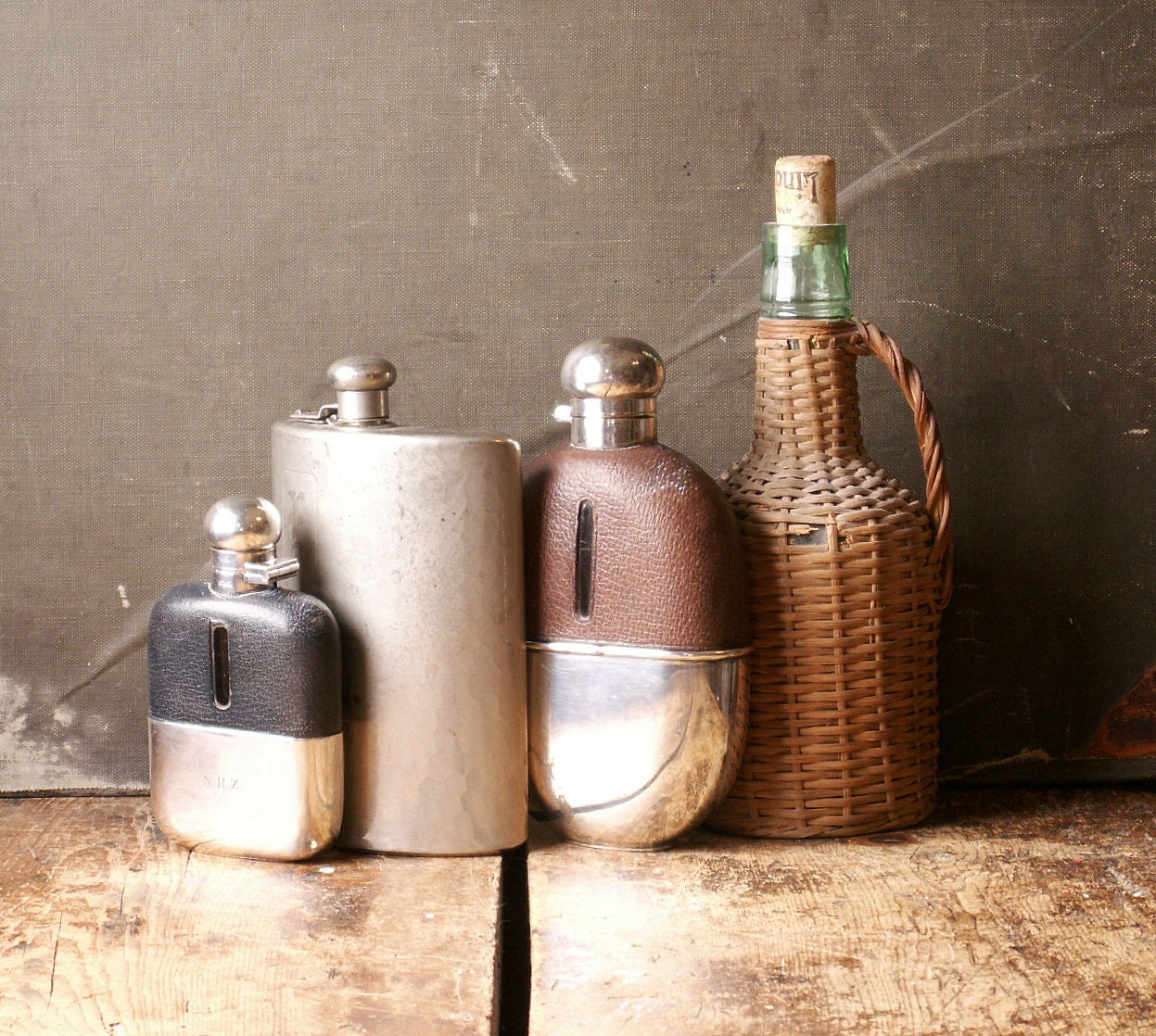 Silverplate Thermos Bottle w/ Cork Stopper in Leather Canister