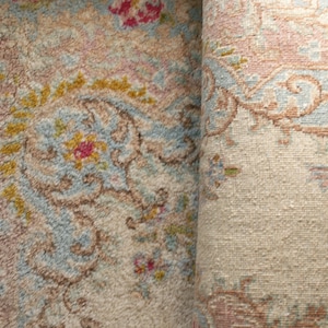 Vintage Hand Woven 100% Wool Pile Oriental Rug - 32" by 64" in Light Tones of Pink, Cream and Blue