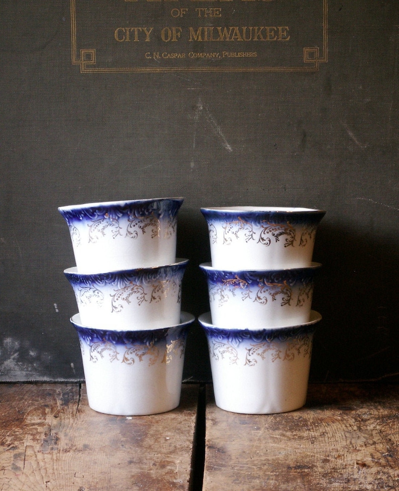 Set of Six Large Vintage Custard Cups - Small Bowls with Cobalt Set of Six Large Vintage Custard Cups - Small Bowls with Cobalt