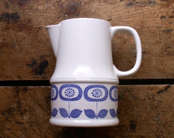 Vintage Small White and Blue Milk Pitcher - Retro Scandinavian Drinkware