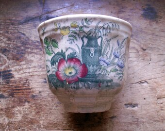 Rare Antique Red and Green Transferware Handle-less Tea Cup - English Ironstone