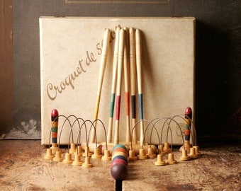 Vintage French Tabletop Parlor Croquet Game - Croquet de Salon in Original Box with All Playing Pieces from Rachez Paris