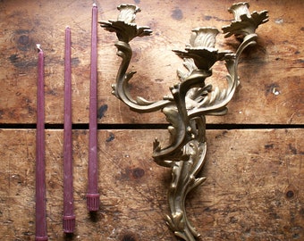 Vintage Cast Metal Gold Candleholder Wall Sconce - Three Armed Art Nouveau Candleabra