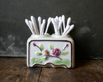 Vintage Tiny Porcelain Double Ink Bottle Holder - Diminutive Rectangular Vase with Floral Accents from Nippon Yoko Boeki Co.