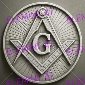 May include: A silver-colored Masonic emblem featuring a compass, square, and the letter "G" at the center. The emblem is circular with a textured background of radiating lines. The design is a symbol of Freemasonry.