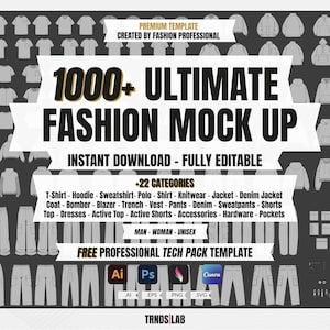 1000+ Premium Fashion Mockup Bundle - Clothing Vector Mockup Pack TechPack Mockups Clothing Brand Fashion Design Adobe Illustrator Procreate
