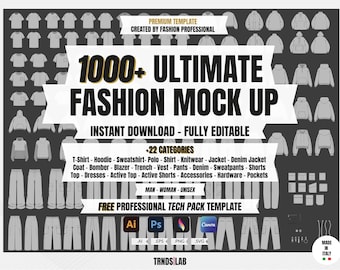 1000+ Premium Fashion Mockup Bundle - Clothing Vector Mockup Pack TechPack Mockups Clothing Brand Fashion Design Adobe Illustrator Procreate