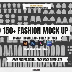 Może przedstawiać: Ciemnoszara grafika z makietami odzieży, w tym koszulkami, bluzami z kapturem, kurtkami i spodniami. Tekst brzmi "150+ FASHION MOCK UP" i "NATYCHMIASTOWE POBIERANIE - W PEŁNI EDYTOWALNE". Zawiera ikony oprogramowania.