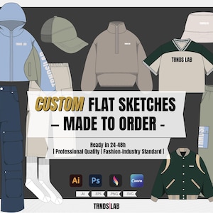 May include: A digital illustration showcasing a collection of custom flat sketches of apparel. The designs include a blue jacket, a baseball cap, a beige sweatshirt, a t-shirt, a bucket hat, pants, and a bomber jacket. Text reads "CUSTOM FLAT SKETCHES - MADE TO ORDER."