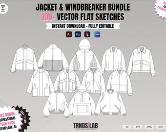 Windbreaker Mockups & Fashion Jacket Vector Bundle | Tech Pack Template for Procreate qnd Adobe Illustrator | Editable Vector Flats