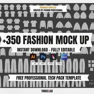 Puede incluir: Gráfico gris oscuro que presenta una plantilla de maqueta de moda con varios diseños de ropa, incluyendo camisetas, sudaderas con capucha y pantalones. El texto dice "+350 FASHION MOCK UP" y "DESCARGA INSTANTÁNEA - TOTALMENTE EDITABLE".