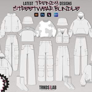 Streetwear Mockups & Fashion Vector Bundle Pack | Fashion Design Tech Pack Template | Pro Create PNG Mockup and Fashion Flat Sketches