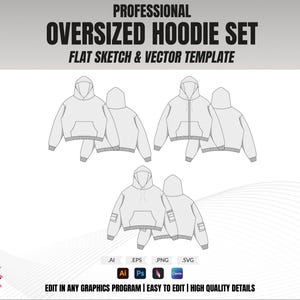 Hoodie Mockups & Mode Vektor Paket - Mode Design Tech Pack Vorlage - Procreate PNG Mockup und Mode Vektor Wohnungen