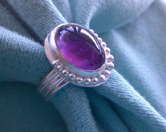 Purple Amethyst in Granulated Sterling Ring Size 8