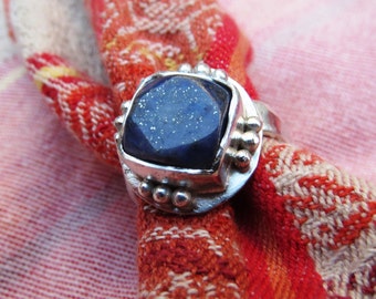 Lapis Lazuli Faceted Square in Granulated Sterling Ring Size 4 & a Half