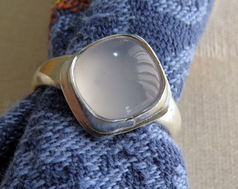 Blue White Chalcedony Cushion Cut in Sterling Ring Size 7.5