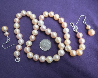 Pale Peach Pearls Necklace Earring Set w Sterling Silver