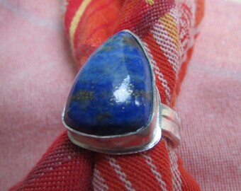 Extra Blue Denim Lapis Triangle in Argentium Sterling Ring Size 9