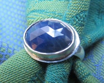 Dark Blue Sapphire Rose Cut in Argentium Sterling Ring Size 8