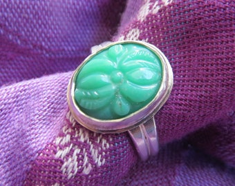 Carved Green Chrysoprase in Argentium Ring Size 9.5