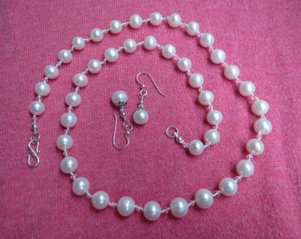 Cultured Pearl & Crystal Necklace Earring Set w Sterling Silver