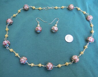 Lightweight Necklace Earring Set of Red & Gold Cloisonne