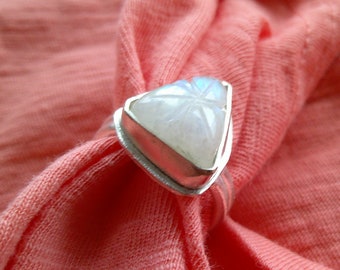 Carved Moonstone Triangle in Argentium Ring Size 7.5