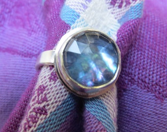 Flashing Blue Sapphire in Argentium Ring Size 8