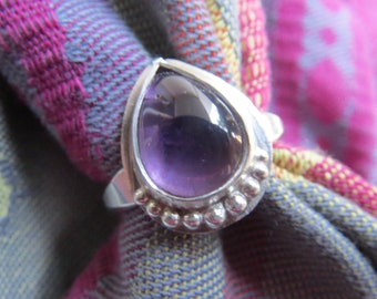 Little Amethyst Teardrop in Granulated Argentium Ring Size 6.25