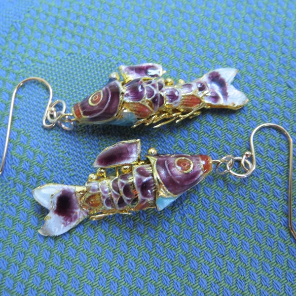 Medium Wiggly Fish Earrings in Colorful Cloisonne & 14k Gold Filled