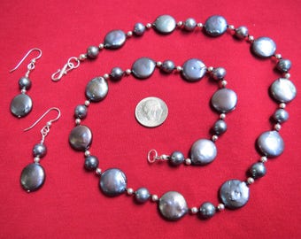 Blue Gray Peacock Coin Pearl Necklace & Earrings w Sterling Silver