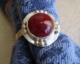 Round Ruby in Granulated Argentium Sterling Ring, Size 6