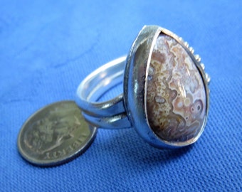 Large Crazy Lace Agate in Granulated Sterling Ring Size 11-1/2