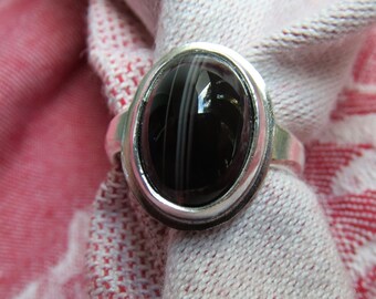 Pinstriped Black Sardonyx in Argentium Sterling Ring Size 6