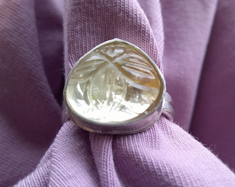Carved Citrine in Argentium Silver Ring Size 6.5