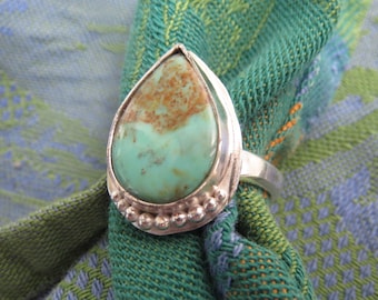 Tibetan Turquoise in Granulated Silver Ring Size 8-1/2