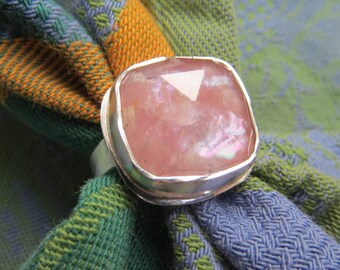 Flashing Pink Rhodonite in Argentium Ring Size 7.5