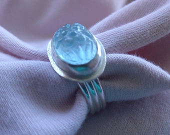 Carved Blue Topaz in Argentium Sterling Ring Size 7.5