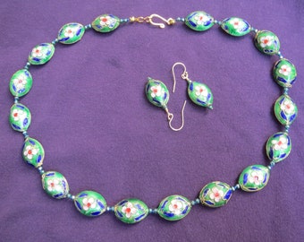 Cloisonne Enamel & Crystal Necklace Earrings Set