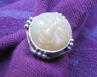 Carved Moon Face Peachy White Moonstone in Granulated Sterling Ring Size 8